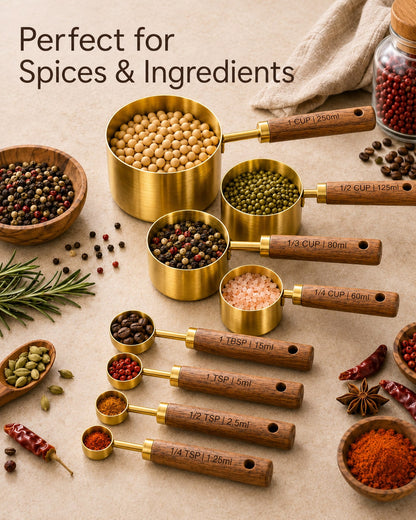 8Pcs Gold Measuring Cups And Spoons Set, Stainless Steel Kitchen Measuring Tools With Wooden Handles, Sturdy Nesting Design, Clear Size Markings, Pretty Aesthetic Baking Tools For Cooking, Coffee, Spi