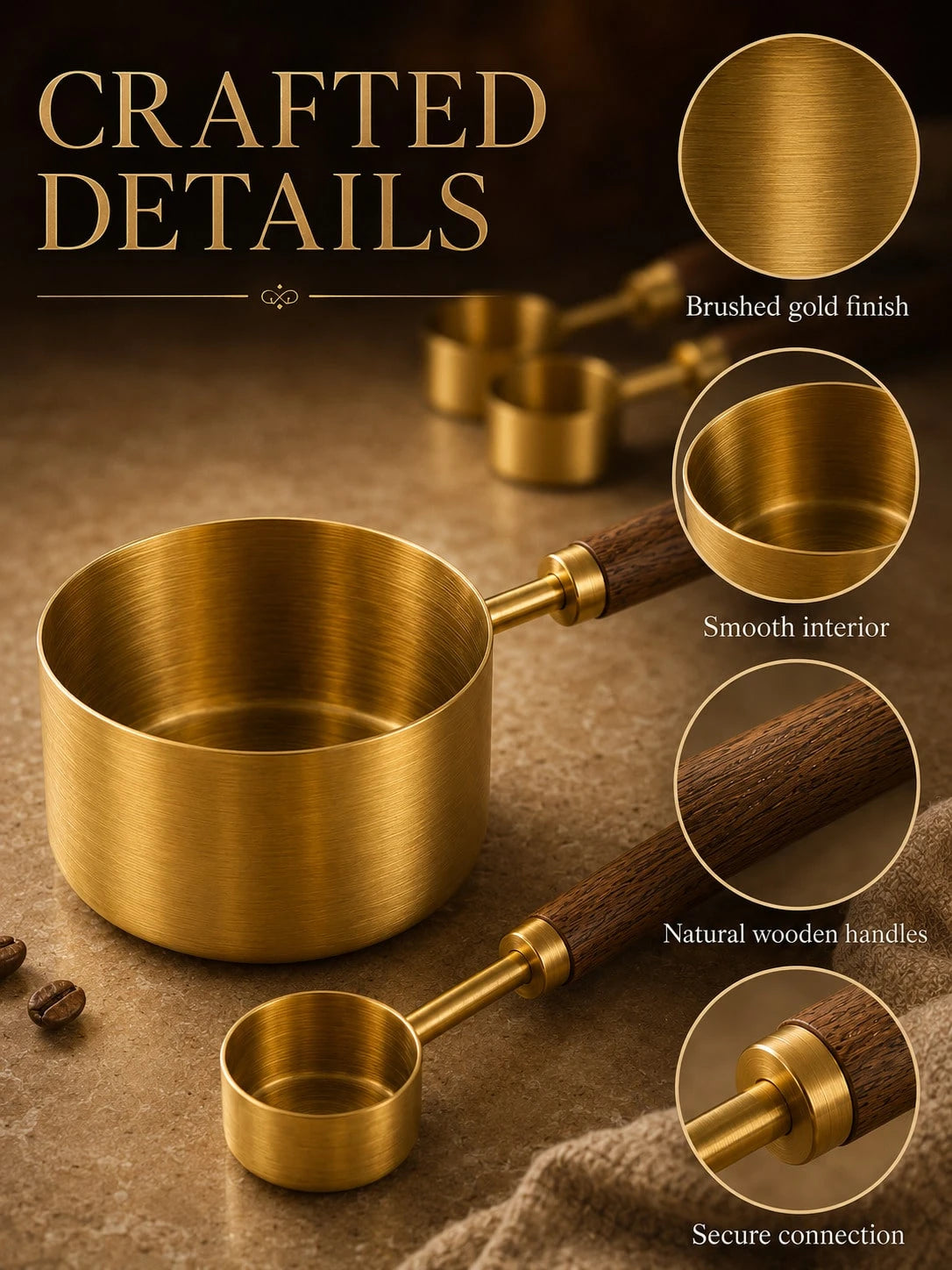 8Pcs Gold Measuring Cups And Spoons Set, Stainless Steel Kitchen Measuring Tools With Wooden Handles, Sturdy Nesting Design, Clear Size Markings, Pretty Aesthetic Baking Tools For Cooking, Coffee, Spi