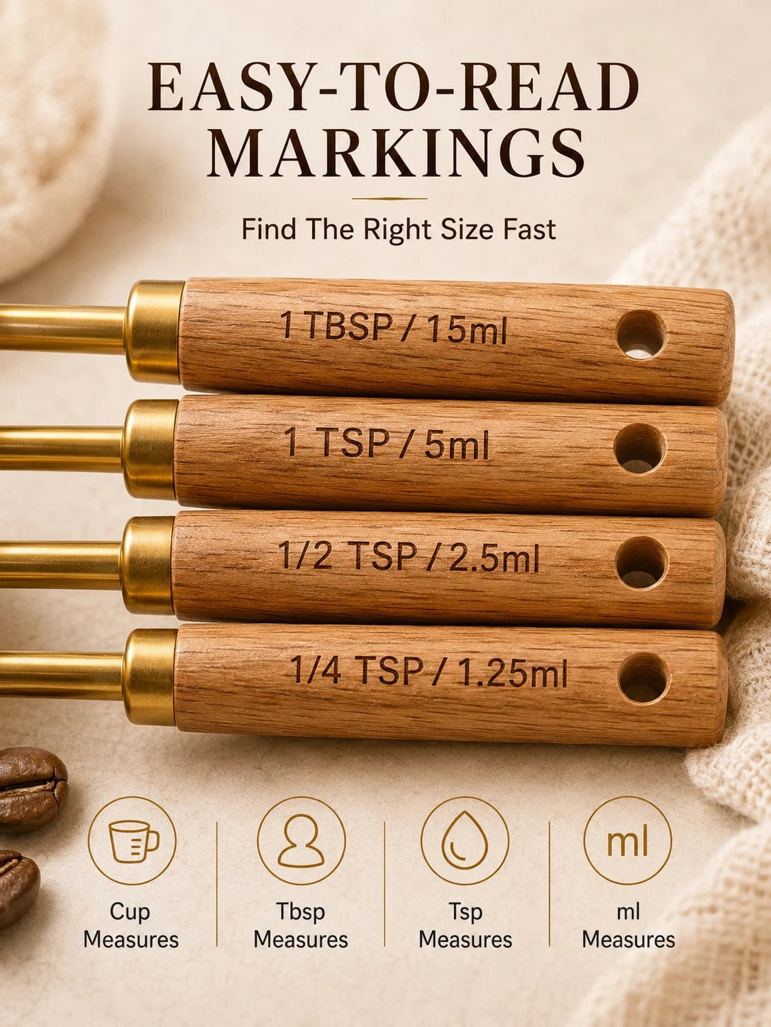 8Pcs Gold Measuring Cups And Spoons Set, Stainless Steel Kitchen Measuring Tools With Wooden Handles, Sturdy Nesting Design, Clear Size Markings, Pretty Aesthetic Baking Tools For Cooking, Coffee, Spi