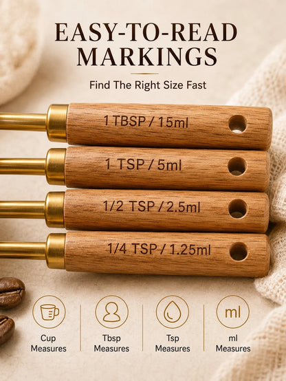 8Pcs Gold Measuring Cups And Spoons Set, Stainless Steel Kitchen Measuring Tools With Wooden Handles, Sturdy Nesting Design, Clear Size Markings, Pretty Aesthetic Baking Tools For Cooking, Coffee, Spi