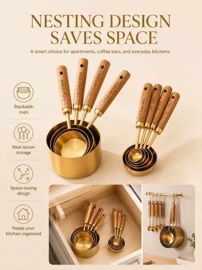 8Pcs Gold Measuring Cups And Spoons Set, Stainless Steel Kitchen Measuring Tools With Wooden Handles, Sturdy Nesting Design, Clear Size Markings, Pretty Aesthetic Baking Tools For Cooking, Coffee, Spi