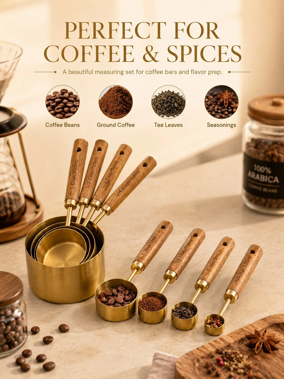 8Pcs Gold Measuring Cups And Spoons Set, Stainless Steel Kitchen Measuring Tools With Wooden Handles, Sturdy Nesting Design, Clear Size Markings, Pretty Aesthetic Baking Tools For Cooking, Coffee, Spi