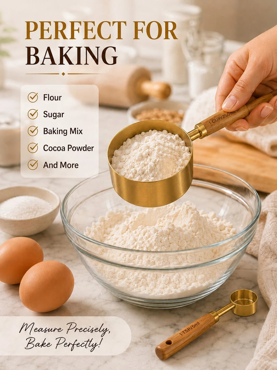 8Pcs Gold Measuring Cups And Spoons Set, Stainless Steel Kitchen Measuring Tools With Wooden Handles, Sturdy Nesting Design, Clear Size Markings, Pretty Aesthetic Baking Tools For Cooking, Coffee, Spi