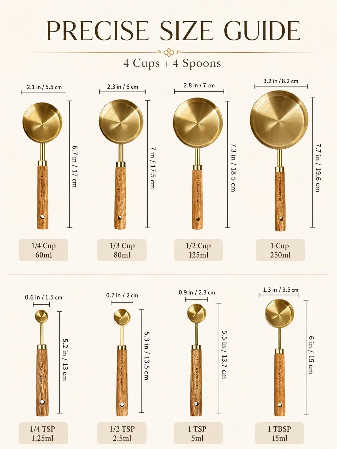 8Pcs Gold Measuring Cups And Spoons Set, Stainless Steel Kitchen Measuring Tools With Wooden Handles, Sturdy Nesting Design, Clear Size Markings, Pretty Aesthetic Baking Tools For Cooking, Coffee, Spi