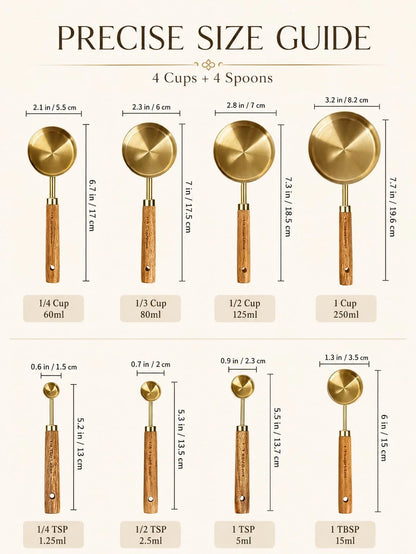 8Pcs Gold Measuring Cups And Spoons Set, Stainless Steel Kitchen Measuring Tools With Wooden Handles, Sturdy Nesting Design, Clear Size Markings, Pretty Aesthetic Baking Tools For Cooking, Coffee, Spi