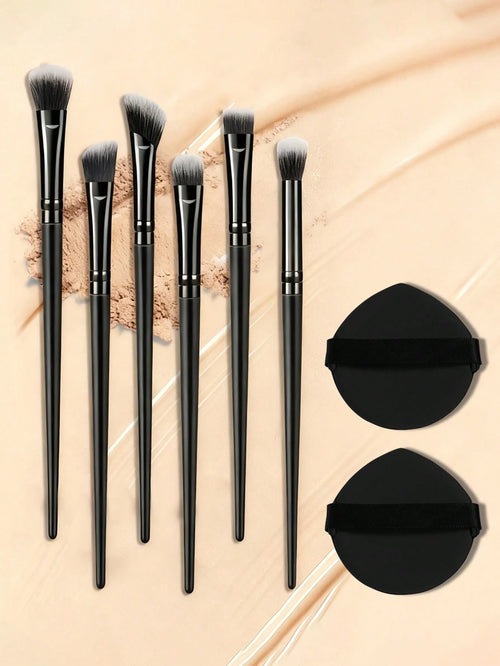 8PCS Makeup Tool Set, 6 Pieces Face Makeup Brushes And 2 Teardrop‑Shaped Velvet Powder Puffs, Soft Synthetic Bristles Cosmetic Brushes For Blush, Contour, Highlighter And Setting Powder