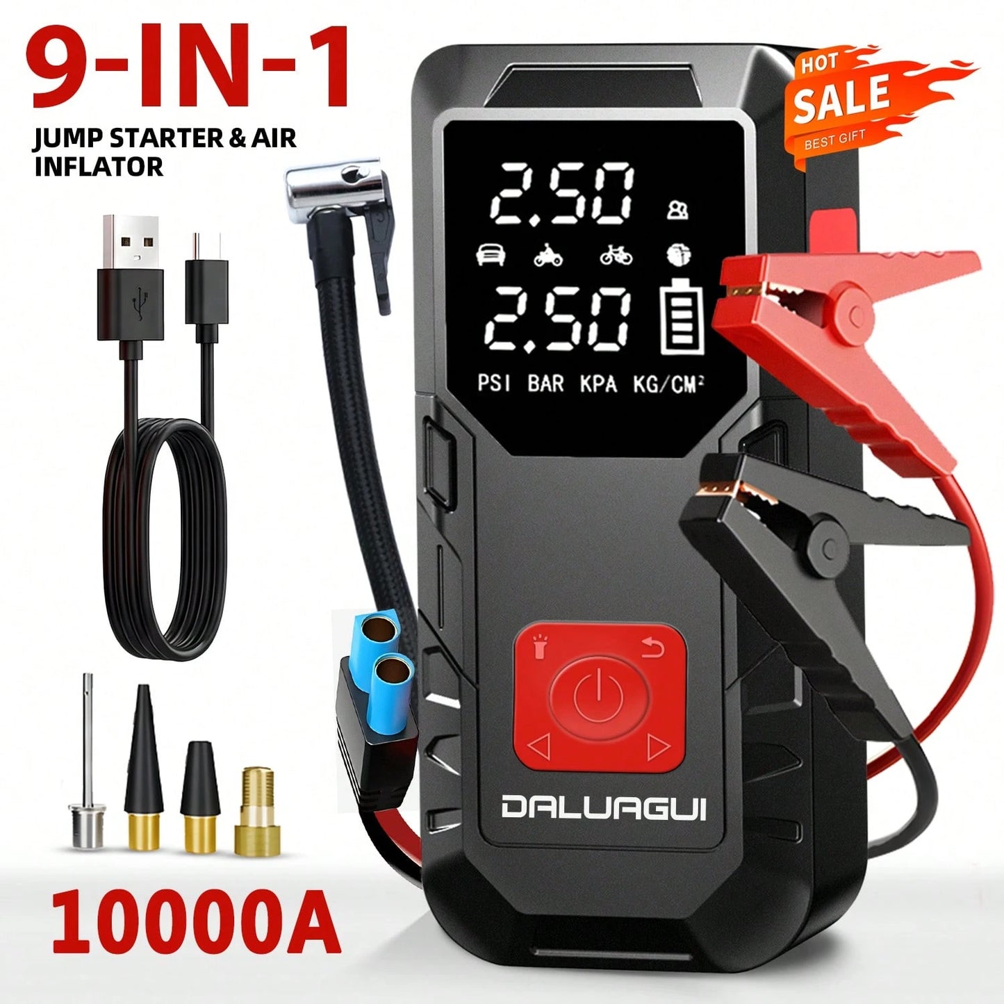 9-In-1 Multi-Functional Jump Starter With Air Compressor, 6000mAh Battery + 150PSI Peak Inflation, Digital Display Tire Inflator + Dual Fast Charging (Car/USB), LED Lighting, Compatible With 10L Gasol
