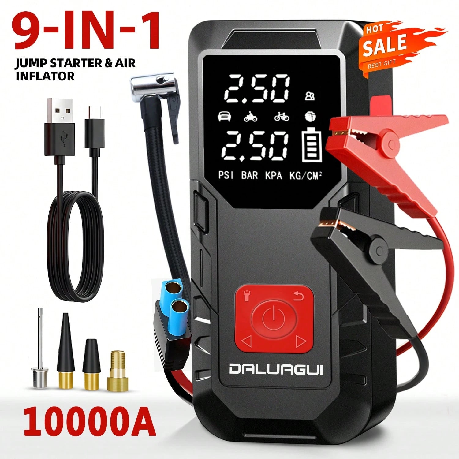 9-In-1 Multi-Functional Jump Starter With Air Compressor, 6000mAh Battery + 150PSI Peak Inflation, Digital Display Tire Inflator + Dual Fast Charging (Car/USB), LED Lighting, Compatible With 10L Gasol