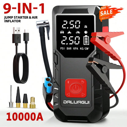 9-In-1 Multi-Functional Jump Starter With Air Compressor, 6000mAh Battery + 150PSI Peak Inflation, Digital Display Tire Inflator + Dual Fast Charging (Car/USB), LED Lighting, Compatible With 10L Gasol