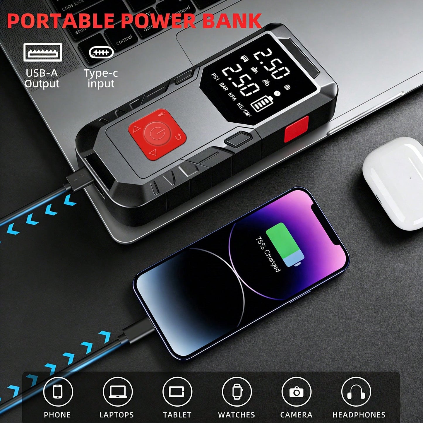 9-In-1 Multi-Functional Jump Starter With Air Compressor, 6000mAh Battery + 150PSI Peak Inflation, Digital Display Tire Inflator + Dual Fast Charging (Car/USB), LED Lighting, Compatible With 10L Gasol