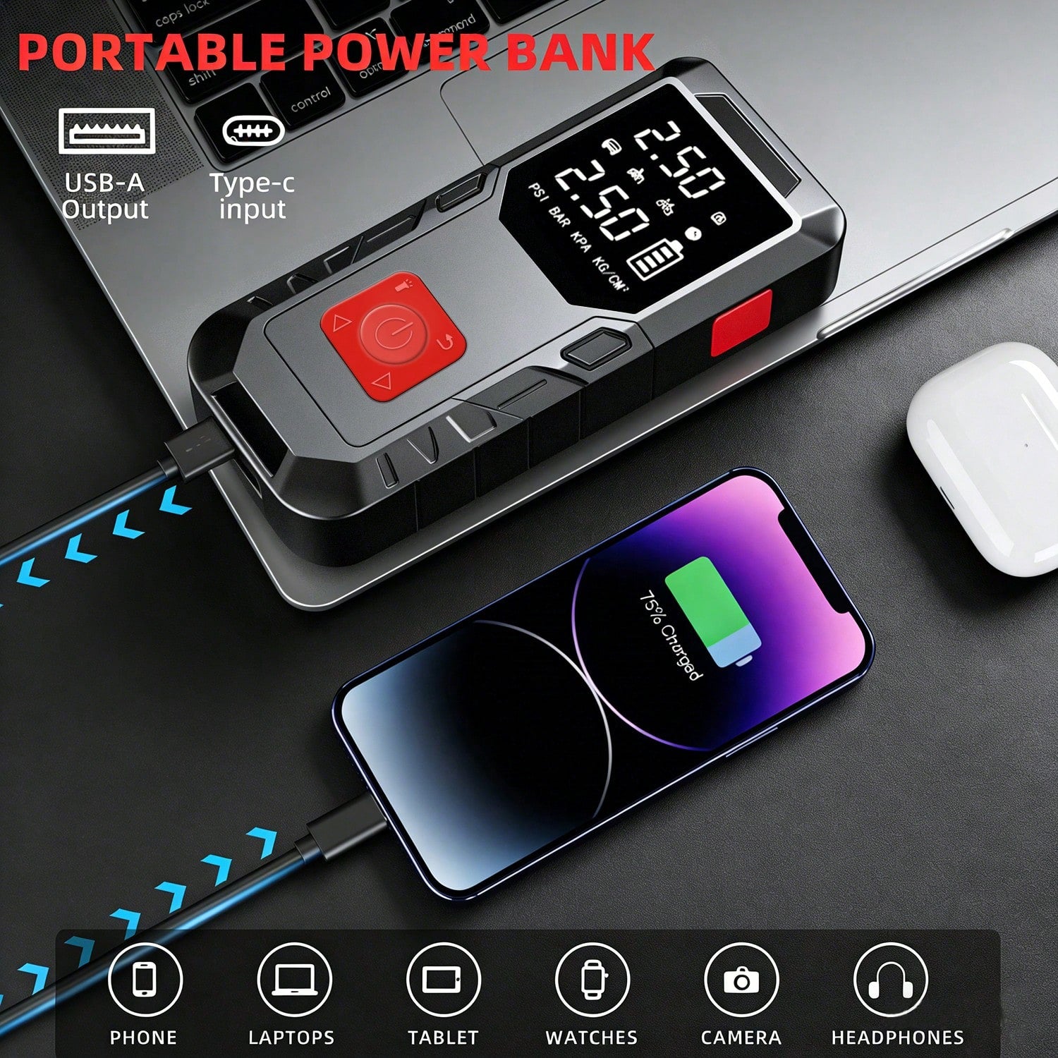 9-In-1 Multi-Functional Jump Starter With Air Compressor, 6000mAh Battery + 150PSI Peak Inflation, Digital Display Tire Inflator + Dual Fast Charging (Car/USB), LED Lighting, Compatible With 10L Gasol