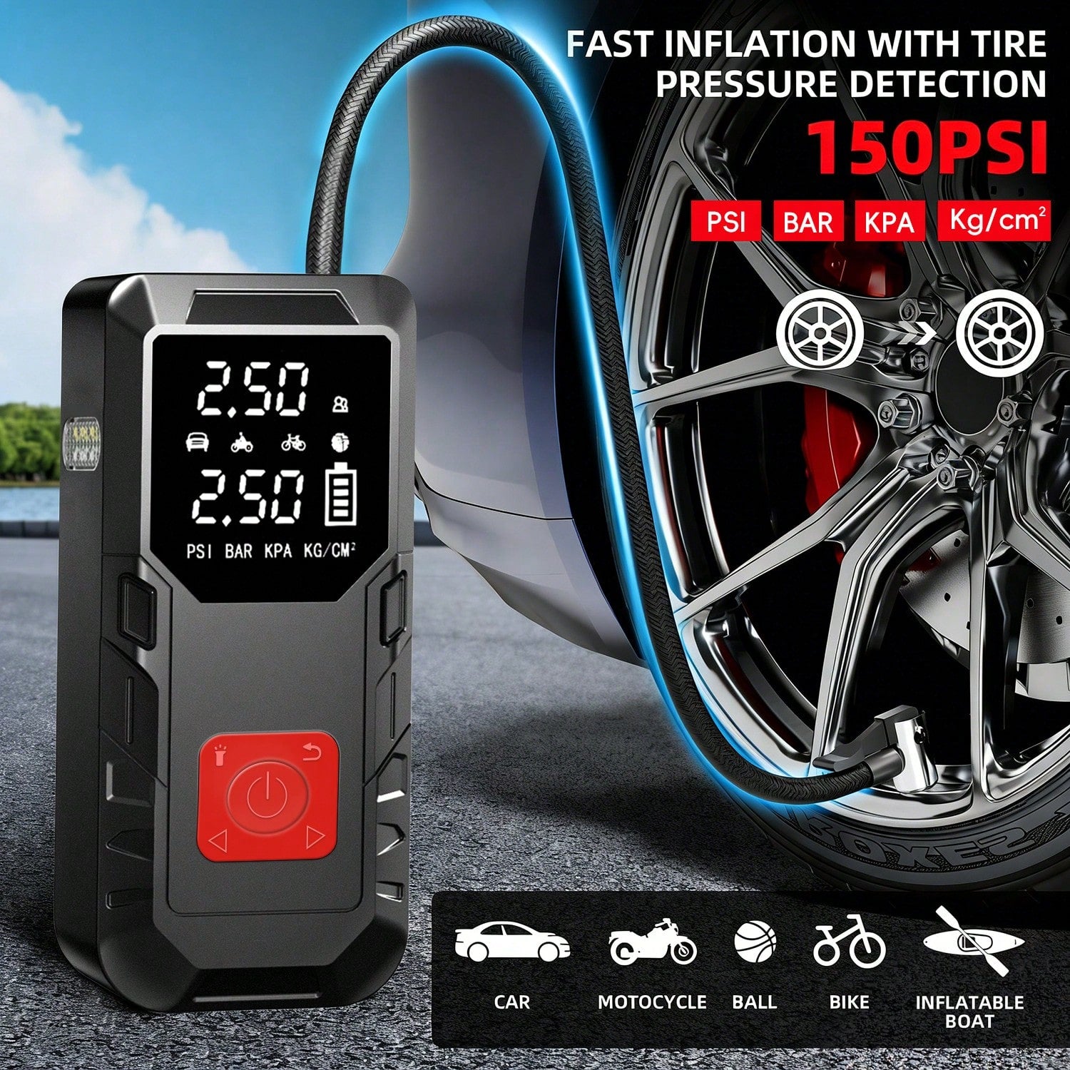9-In-1 Multi-Functional Jump Starter With Air Compressor, 6000mAh Battery + 150PSI Peak Inflation, Digital Display Tire Inflator + Dual Fast Charging (Car/USB), LED Lighting, Compatible With 10L Gasol