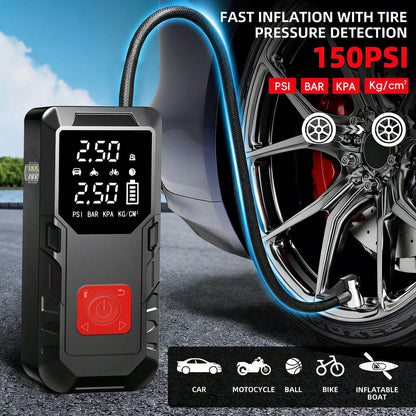 9-In-1 Multi-Functional Jump Starter With Air Compressor, 6000mAh Battery + 150PSI Peak Inflation, Digital Display Tire Inflator + Dual Fast Charging (Car/USB), LED Lighting, Compatible With 10L Gasol