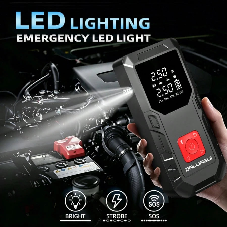 9-In-1 Multi-Functional Jump Starter With Air Compressor, 6000mAh Battery + 150PSI Peak Inflation, Digital Display Tire Inflator + Dual Fast Charging (Car/USB), LED Lighting, Compatible With 10L Gasol