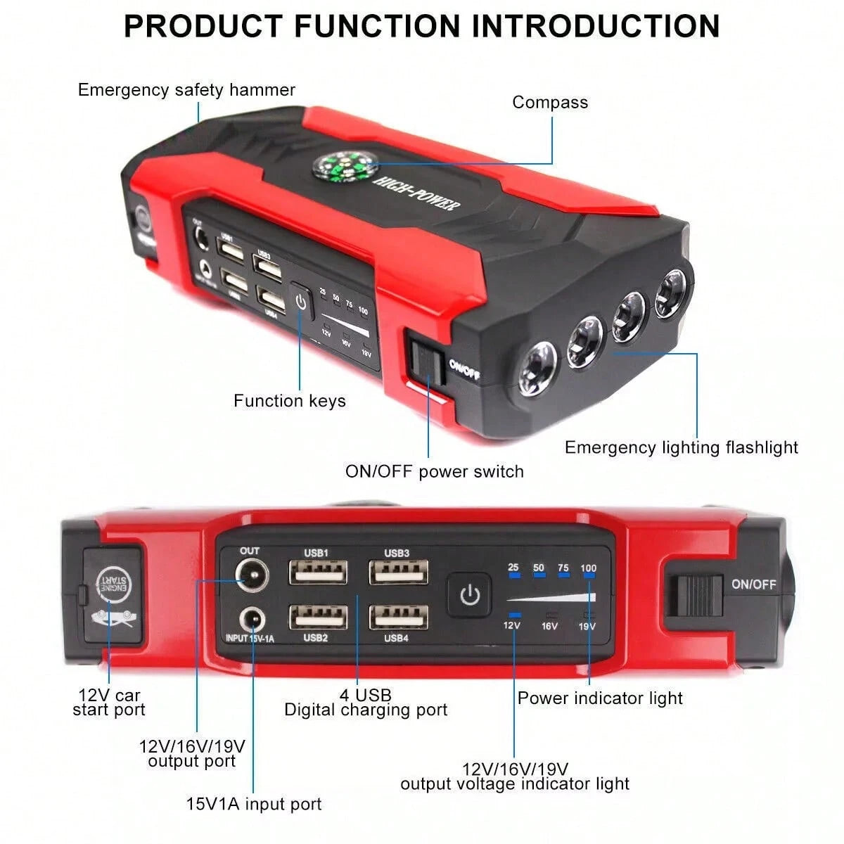 99800mAh Car Jump Starter Booster Jumper Box Power Bank Battery Charger With USB/Power Bank/Output/LED Light