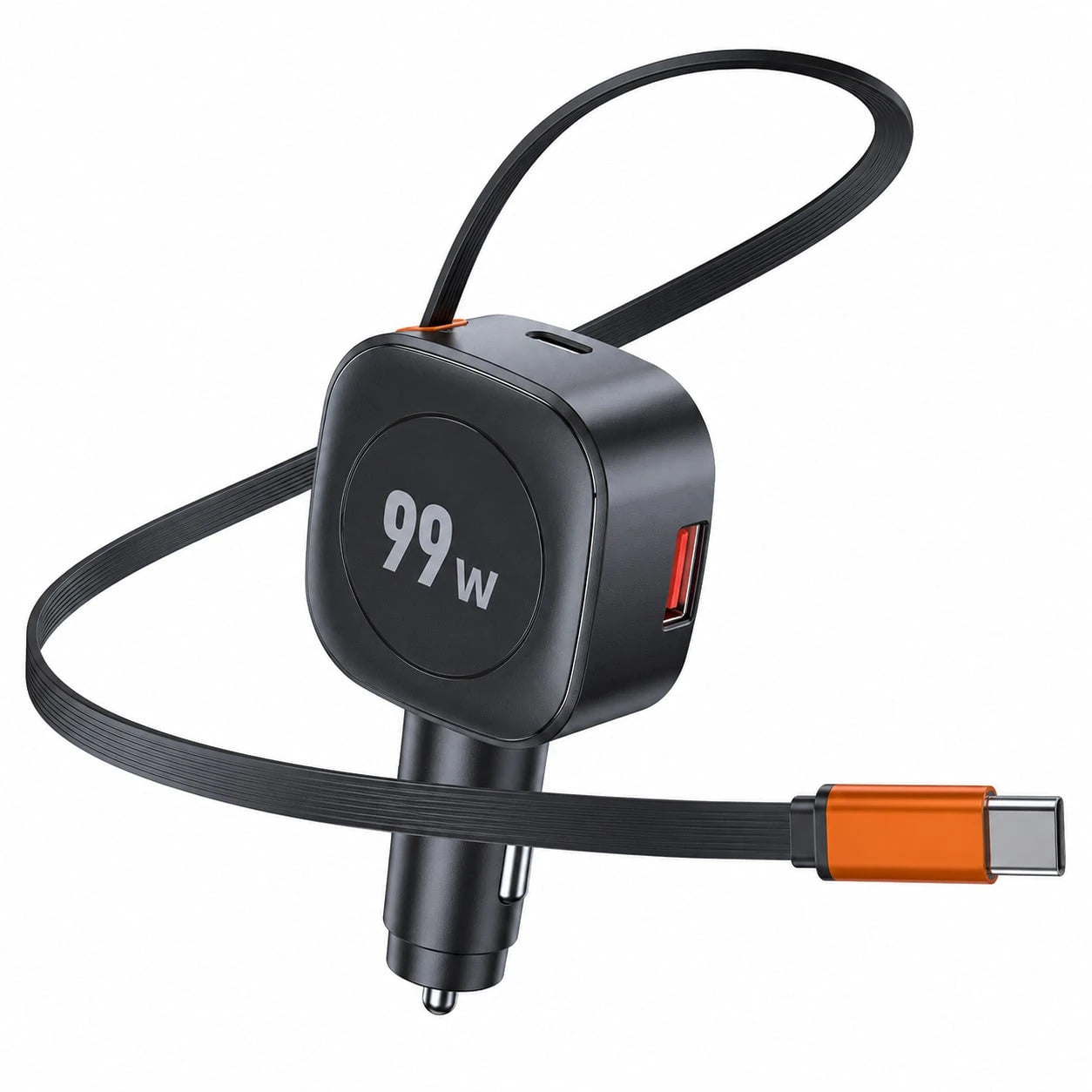 99W Retractable Car Charger With Type-C Spring Cable, Supports PD And QC 3.0 Fast Charging; Integrated Adapter Function, Compatible With IPhone, And