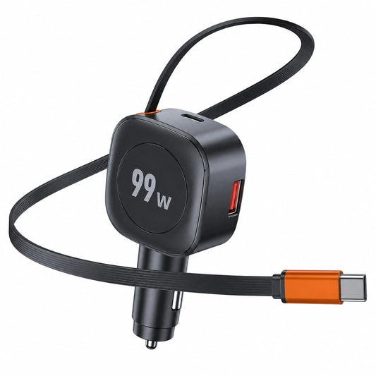 99W Retractable Car Charger With Type-C Spring Cable, Supports PD And QC 3.0 Fast Charging; Integrated Adapter Function, Compatible With IPhone, And