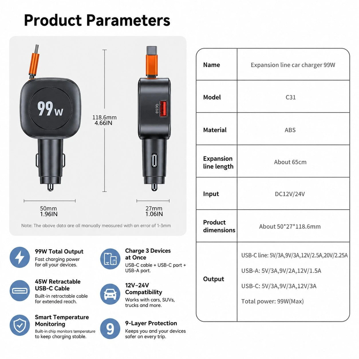 99W Retractable Car Charger With Type-C Spring Cable, Supports PD And QC 3.0 Fast Charging; Integrated Adapter Function, Compatible With IPhone, And