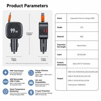 99W Retractable Car Charger With Type-C Spring Cable, Supports PD And QC 3.0 Fast Charging; Integrated Adapter Function, Compatible With IPhone, And