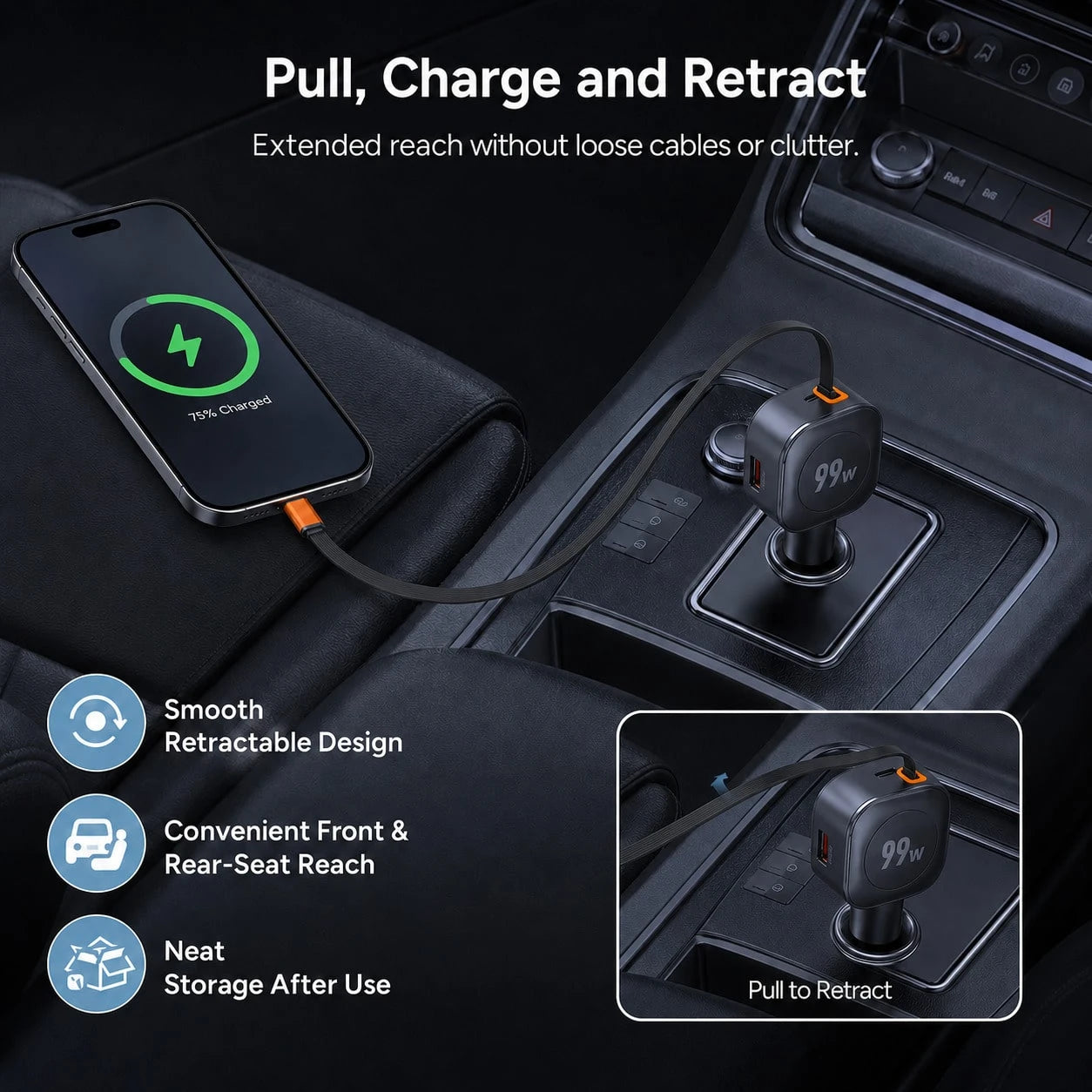 99W Retractable Car Charger With Type-C Spring Cable, Supports PD And QC 3.0 Fast Charging; Integrated Adapter Function, Compatible With IPhone, And