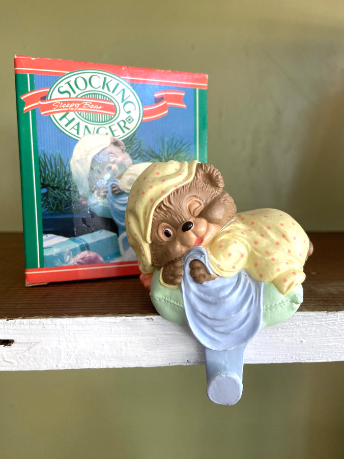 Vintage Hallmark Sleepy Bear Christmas Stocking Holder, 1988 - Deer Creek Mercantile