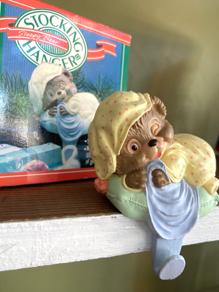 Vintage Hallmark Sleepy Bear Christmas Stocking Holder, 1988 - Deer Creek Mercantile