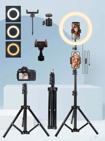 A 25cm LED Ring Light With A 110cm Telescopic Stand, Stable And Flexible Tripod, Three Adjustable LED Colors, And USB Power, Ideal For Live Streaming, Product Photography, Food Photography, Makeup Lig