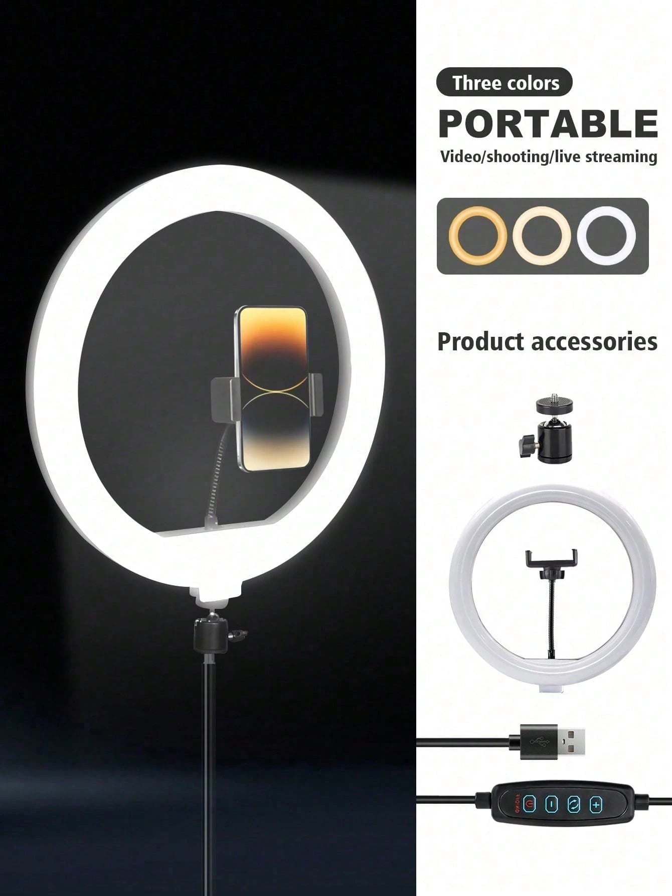 A 25cm LED Ring Light With A 110cm Telescopic Stand, Stable And Flexible Tripod, Three Adjustable LED Colors, And USB Power, Ideal For Live Streaming, Product Photography, Food Photography, Makeup Lig