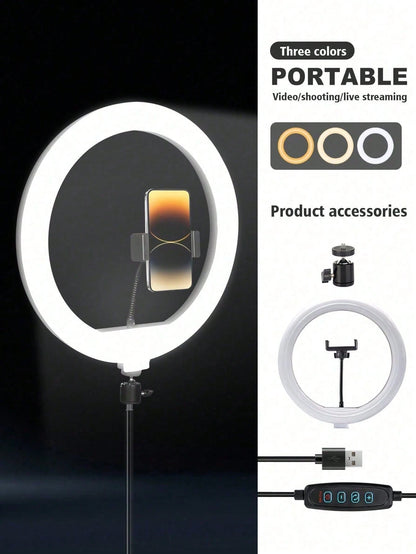 A 25cm LED Ring Light With A 110cm Telescopic Stand, Stable And Flexible Tripod, Three Adjustable LED Colors, And USB Power, Ideal For Live Streaming, Product Photography, Food Photography, Makeup Lig
