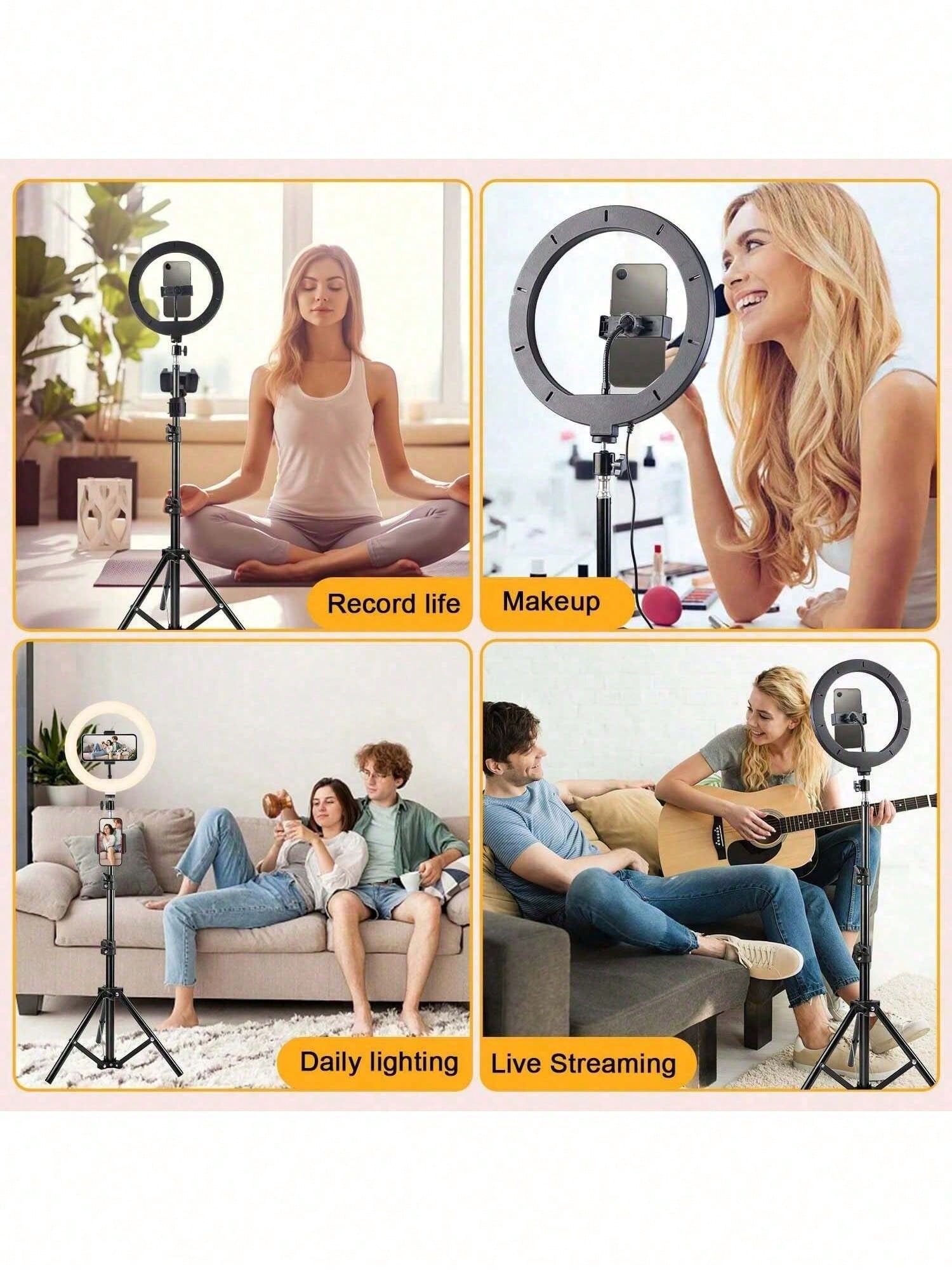 A 25cm LED Ring Light With A 110cm Telescopic Stand, Stable And Flexible Tripod, Three Adjustable LED Colors, And USB Power, Ideal For Live Streaming, Product Photography, Food Photography, Makeup Lig