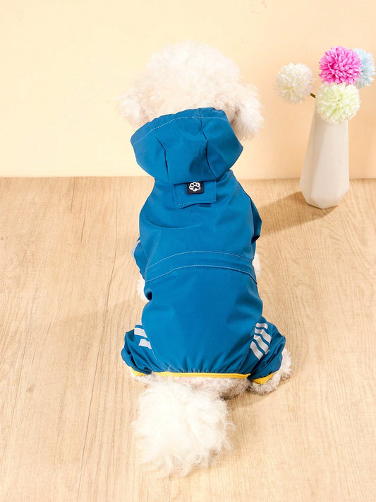 A Lightweight Polyester Dog Raincoat With Reflective Strips, Covering All Four Legs In Solid Blue, Waterproof Pet Jacket Raincoat, Suitable For Small Teddy Dogs And Large Dogs To Wear Year-Round In Au