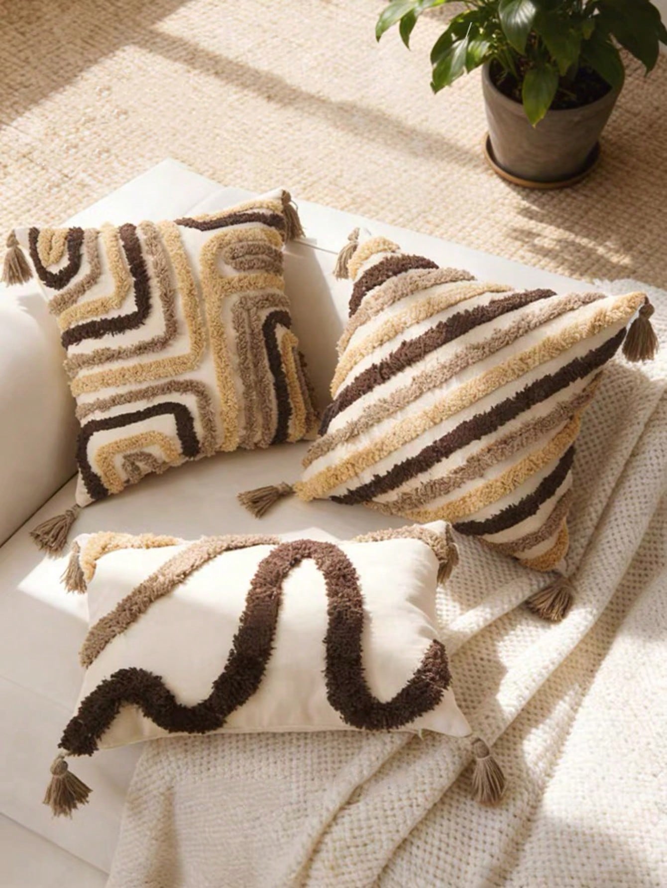 Abstract Tufted Pillow Case, Mid-Century Modern Geometric Pattern Cushion Cover, Textured Embroidery Decor, 12x20/18x18 Inches