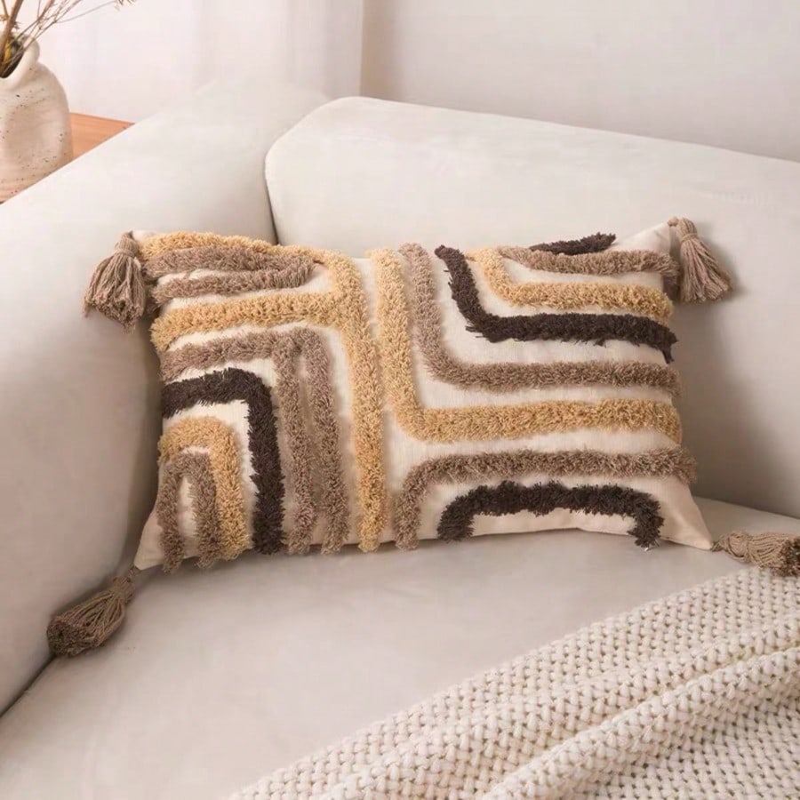 Abstract Tufted Pillow Case, Mid-Century Modern Geometric Pattern Cushion Cover, Textured Embroidery Decor, 12x20/18x18 Inches