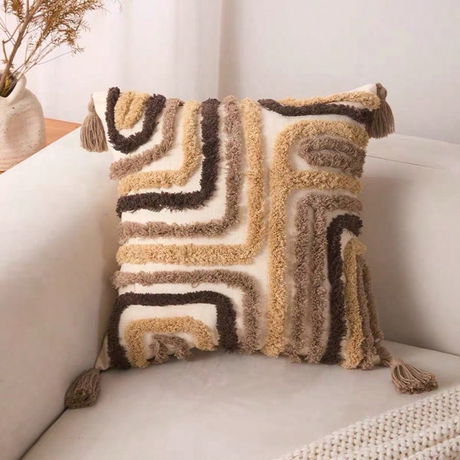 Abstract Tufted Pillow Case, Mid-Century Modern Geometric Pattern Cushion Cover, Textured Embroidery Decor, 12x20/18x18 Inches