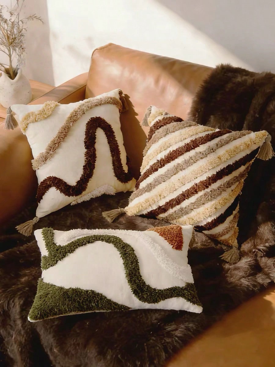 Abstract Tufted Pillow Case, Mid-Century Modern Geometric Pattern Cushion Cover, Textured Embroidery Decor, 12x20/18x18 Inches