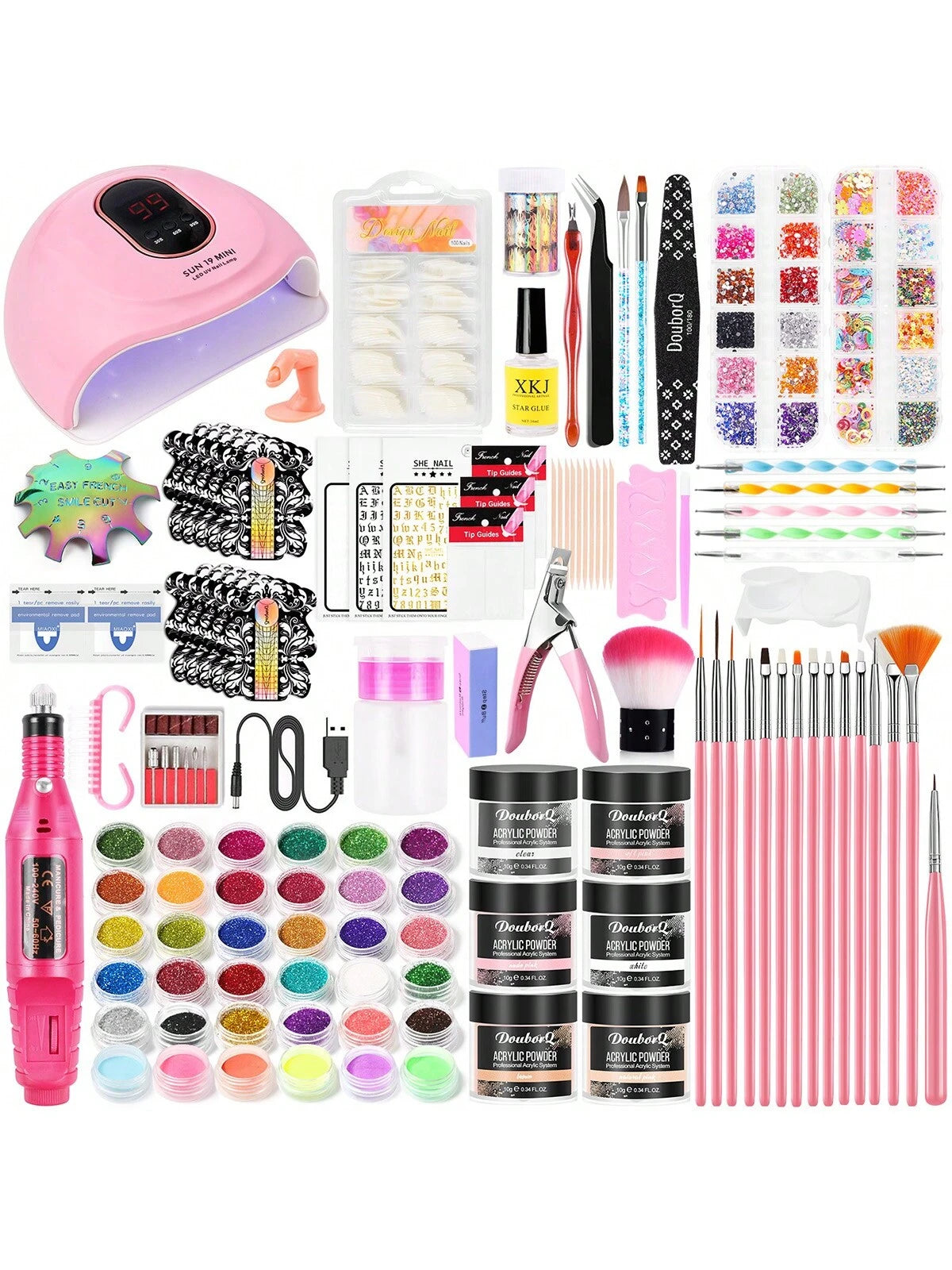 Acrylic Nail Kit- 6 Colors With 60ml Monomer Liquid, Nail Drill And UV Lamp- Nail Kit Acrylic Set, Nail Design, Nail Studio- Nail Art Gifts For Women- DIY Acrylic Nails Starter Set