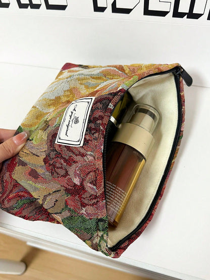 AGG Oil Painting Style Red Large Women's Makeup Bag, Inner Bag, Portable Travel Toiletry Bag, Handbag, Multi-Functional Skincare Storage Bag, Women's Sanitary Pad Storage Bag, Gift For Mom And Girlfri