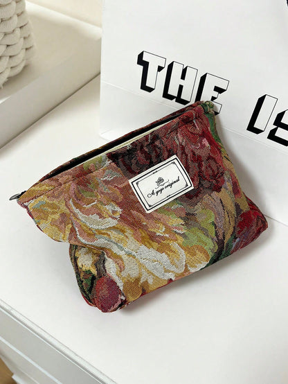 AGG Oil Painting Style Red Large Women's Makeup Bag, Inner Bag, Portable Travel Toiletry Bag, Handbag, Multi-Functional Skincare Storage Bag, Women's Sanitary Pad Storage Bag, Gift For Mom And Girlfri