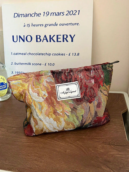 AGG Oil Painting Style Red Large Women's Makeup Bag, Inner Bag, Portable Travel Toiletry Bag, Handbag, Multi-Functional Skincare Storage Bag, Women's Sanitary Pad Storage Bag, Gift For Mom And Girlfri
