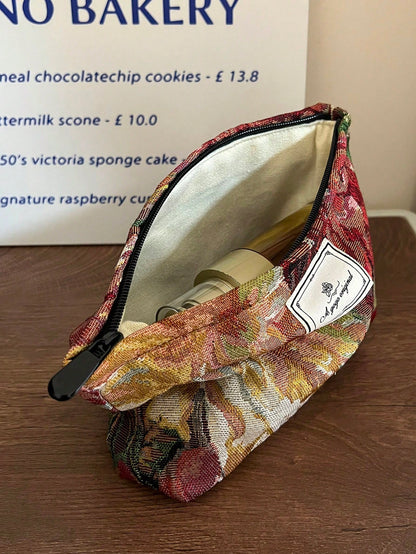 AGG Oil Painting Style Red Large Women's Makeup Bag, Inner Bag, Portable Travel Toiletry Bag, Handbag, Multi-Functional Skincare Storage Bag, Women's Sanitary Pad Storage Bag, Gift For Mom And Girlfri