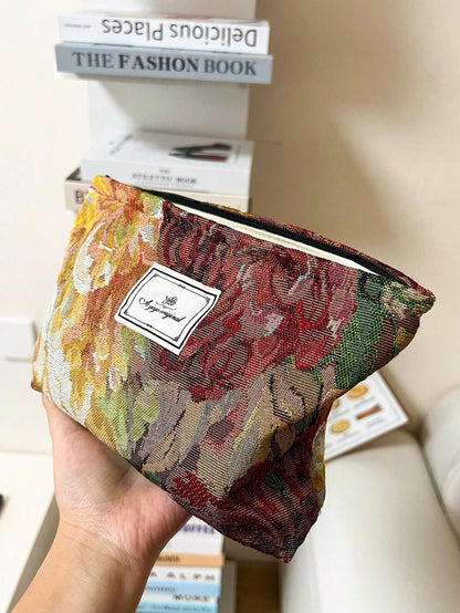 AGG Oil Painting Style Red Large Women's Makeup Bag, Inner Bag, Portable Travel Toiletry Bag, Handbag, Multi-Functional Skincare Storage Bag, Women's Sanitary Pad Storage Bag, Gift For Mom And Girlfri
