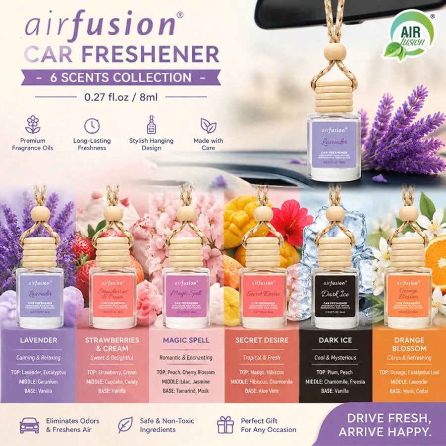 AIR FUSION 6 Bottles Car Air Hanging Fragrance Oil Diffuser, Car Air Freshener Diffuser For Essential Oils Scents Fragrance Aromatherapy Automobile Diffuser,17 Fragrances All Ages, Long-Lasting Fragra