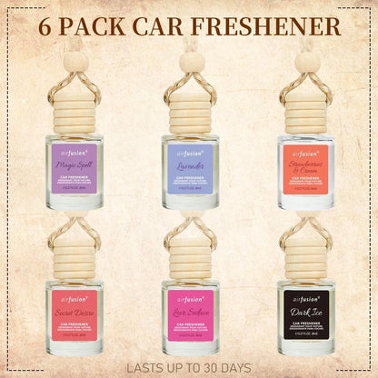 AIR FUSION 6 Bottles Car Air Hanging Fragrance Oil Diffuser, Car Air Freshener Diffuser For Essential Oils Scents Fragrance Aromatherapy Automobile Diffuser,17 Fragrances All Ages, Long-Lasting Fragra