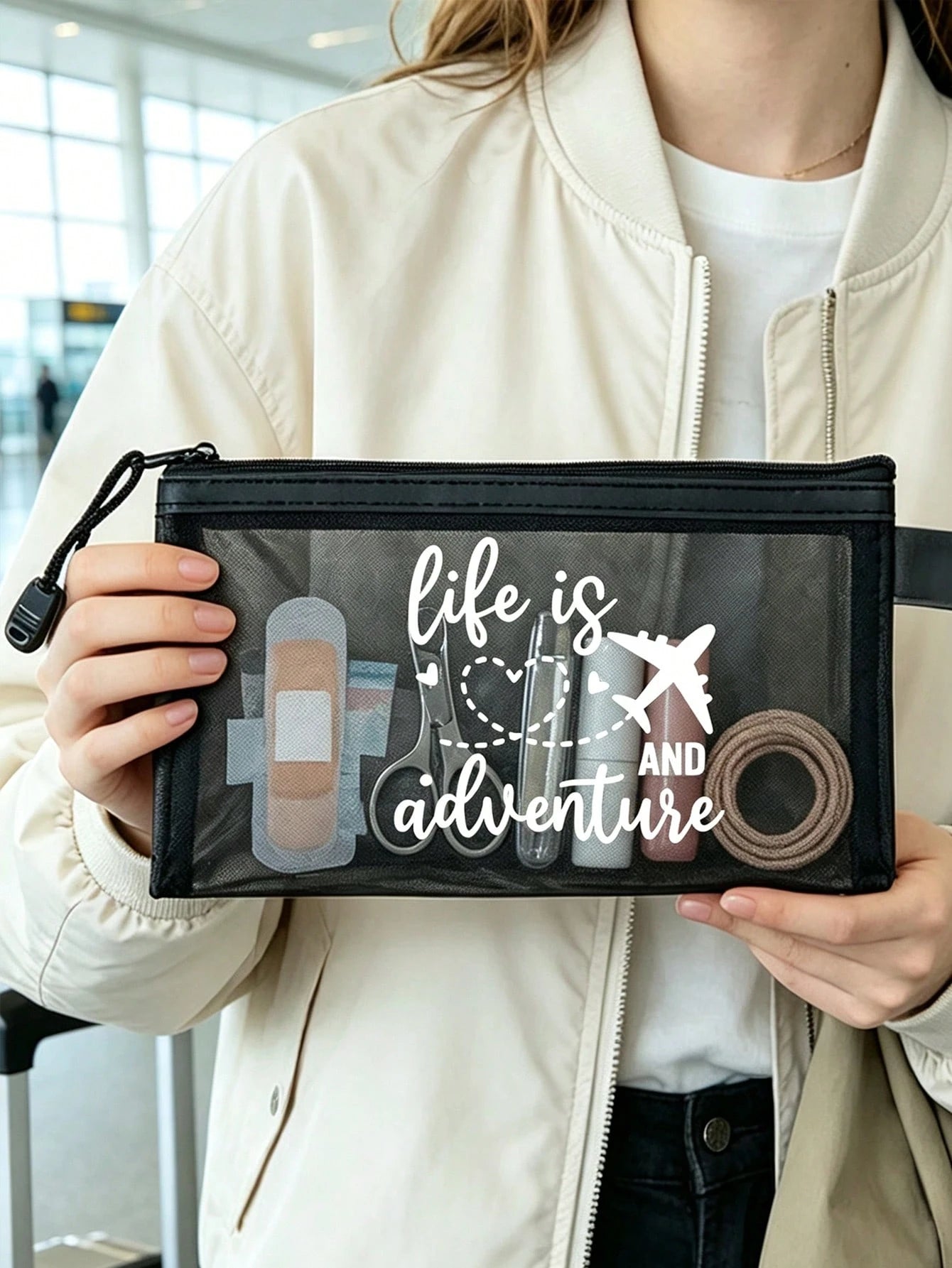 Airplane Theme Mesh Document Storage Bag/Passport Organizer, Multiple Airplane Route, Travel Element & English Letter Print, Thickened Transparent Mesh Fabric, Visible Large Capacity, Smooth Zipper, L
