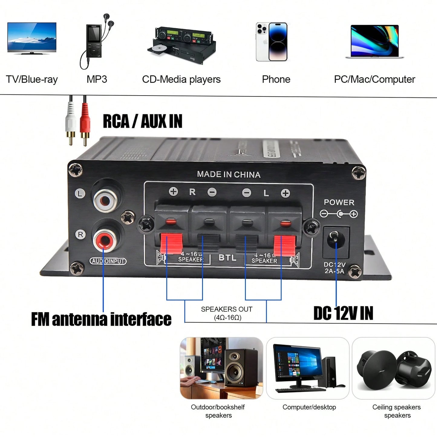 AK-170 Audio Power Amplifier,400W 2 Channel Car Amplifier Powerful Stereo Audio Power Amp HiFi Bass Home