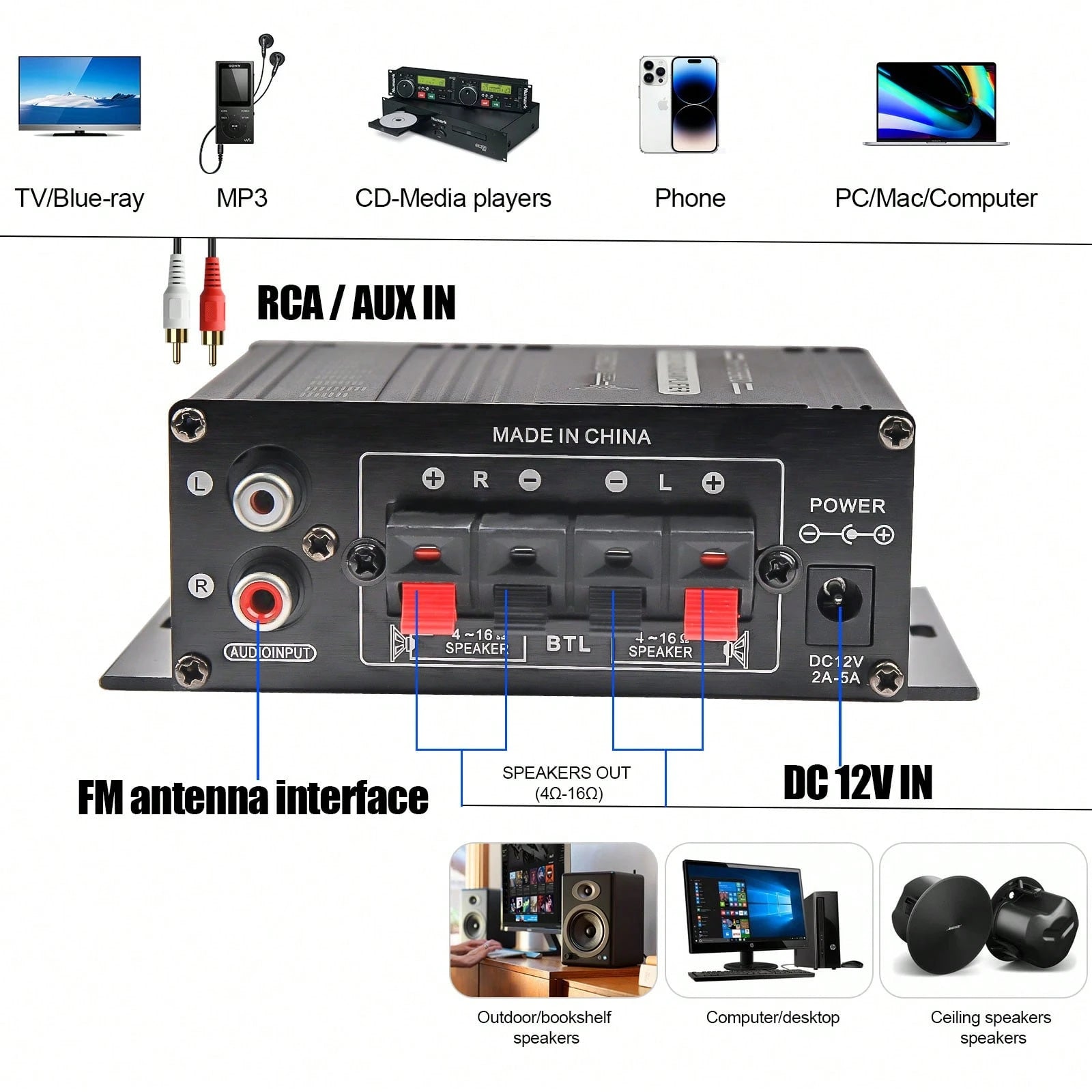 AK-170 Audio Power Amplifier,400W 2 Channel Car Amplifier Powerful Stereo Audio Power Amp HiFi Bass Home