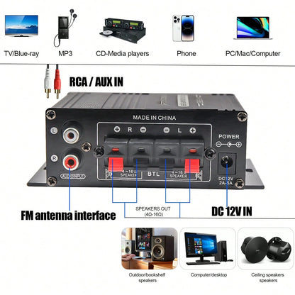 AK-170 Audio Power Amplifier,400W 2 Channel Car Amplifier Powerful Stereo Audio Power Amp HiFi Bass Home