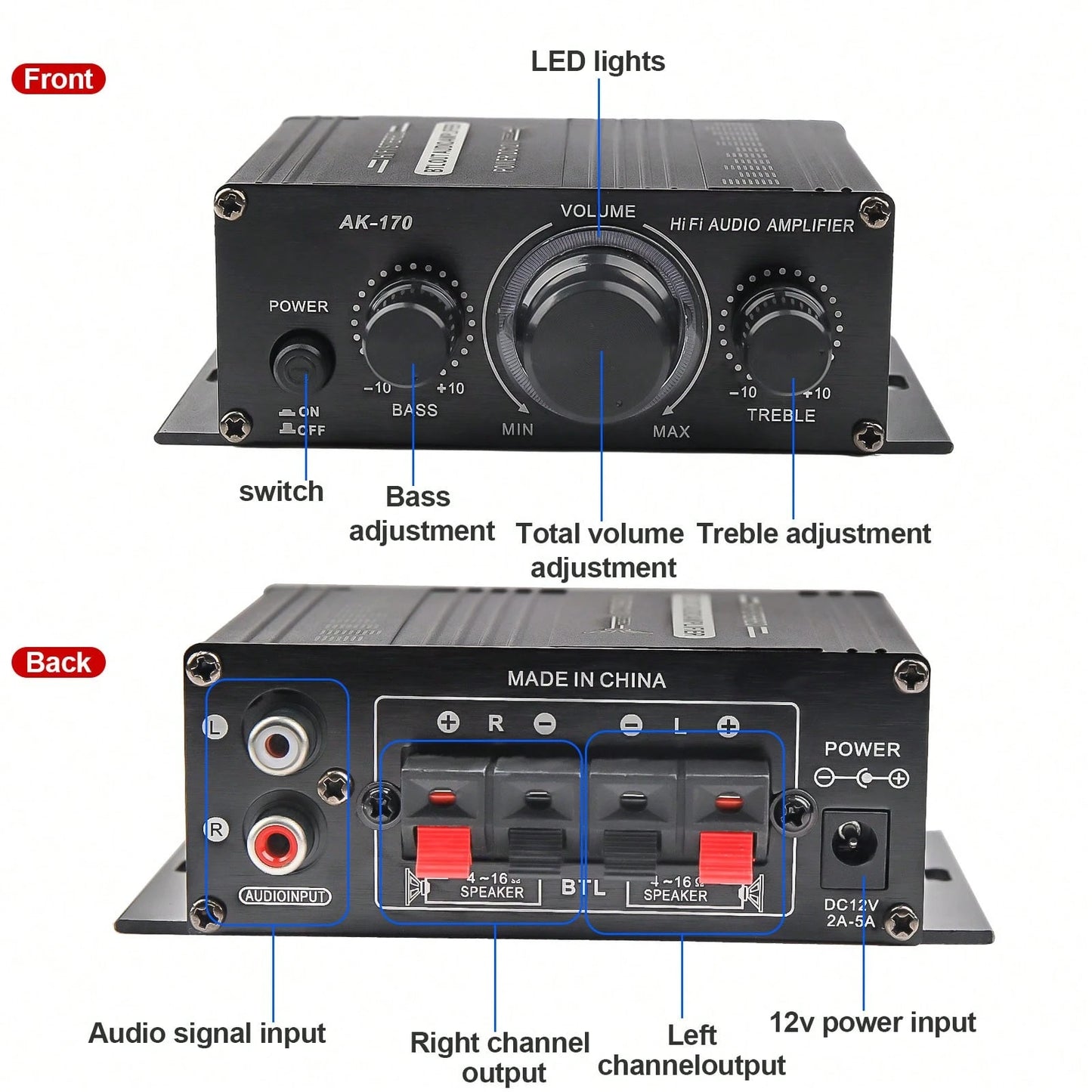 AK-170 Audio Power Amplifier,400W 2 Channel Car Amplifier Powerful Stereo Audio Power Amp HiFi Bass Home