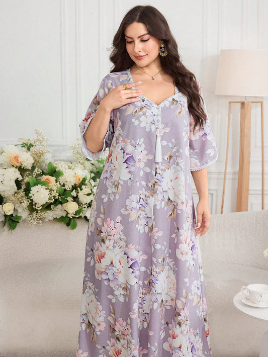 Al Najma Plus Size Women's Floral Print Casual Party Travel Arabian Dress
