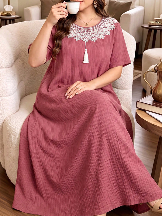Al Najma Women's Elegant Round Neck Floral Decor Fashion Versatile Summer Plus Size Arabian Dress